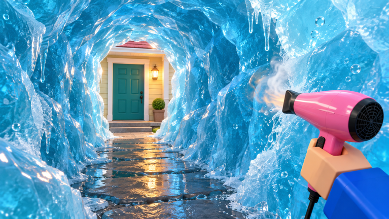 Official Melt All The Ice artwork showing a frozen suburban house and a warm tool